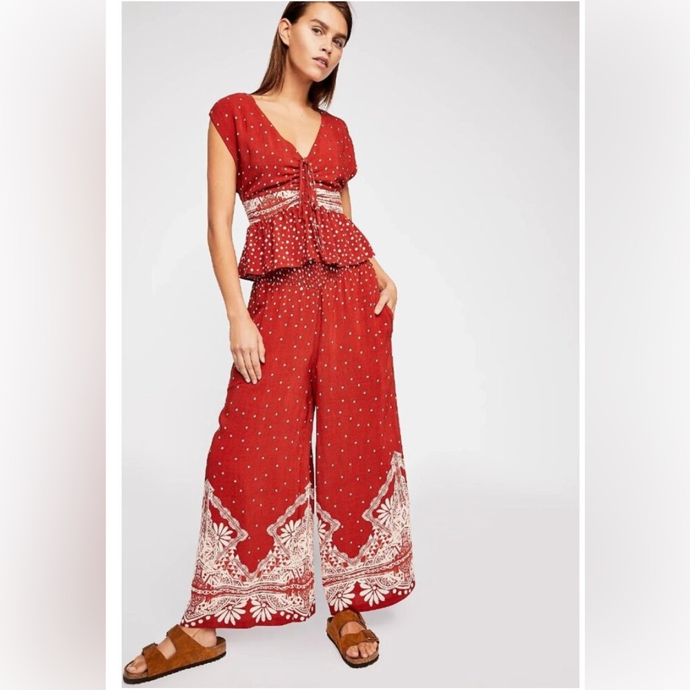 Free People Red Wide Leg Jumpsuit 2  pics sets with White Accents